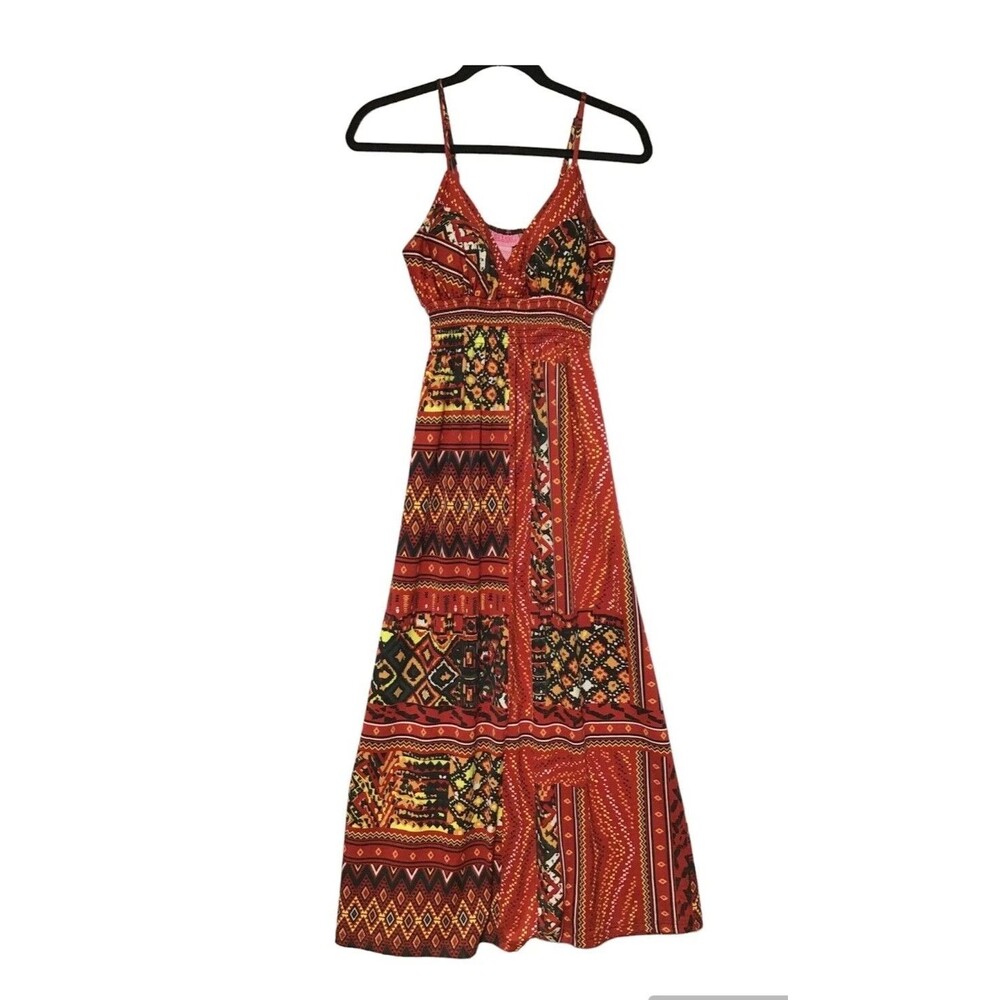 She's Cool Maxi Babydoll Dress Womens Small Abstract Artsy Vibrant Smocked Batik - Picture 3 of 13